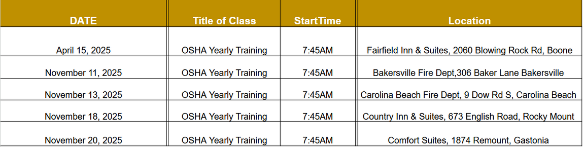 2023 Class Schedule
